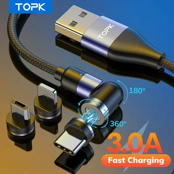 TOPK 540° Magnetinis Kabelis 3A Greito Įkrovimo Micro USB C Tipo Kabelis Magnetinio Įkroviklio Laidą 