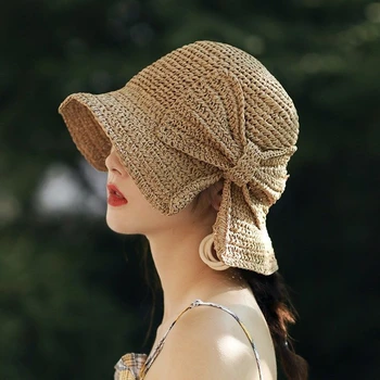 Tėvų-vaikų rafija Lankas Saulės Skrybėlę Platus Kraštų Floppy Vasaros Skrybėlės Moterų Paplūdimio Panama Šiaudų Dome Kibiro Kepurę Femme Atspalvį Skrybėlę