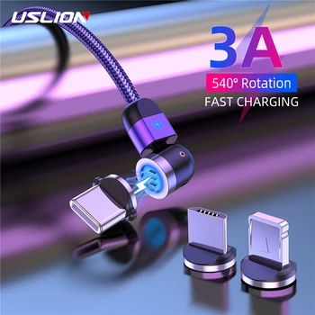 USLION 3A Magnetinio Micro USB C Tipo Kabelis Telefonas Priedai, mokesčio Už iPhone 7 8 Plius Xr 11 Xiaomi Redmi Įkroviklis 540 Rotacija