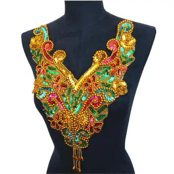 Vaivorykštė Aukso China Karoliukai Audinio Apykaklė Appliques Siūti Ant Pleistro Kilnus Siuvinėjimo Baroko Vestuvių Apdailos Suknelė 