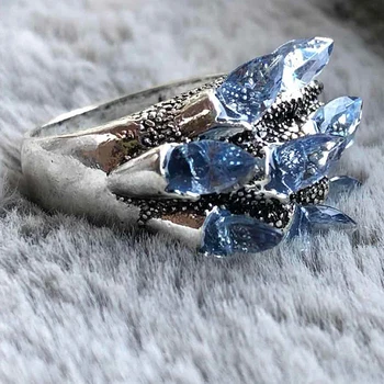 Vintage Blue Crystal Žiedai Moterims Skiltyje Akmens Piršto Žiedą Iškirpti Sužadėtuvių Boho Vestuvių Bauda Papuošalai Dovanos O4P556