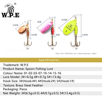 W. P. E Markės 1pcs Spinner Lure 6.5 g/9.7 g/13.4 g Bass Žvejybos Masalas Metalo Šaukštas Suvilioti Trigubas Kabliukas Žvejybos Reikmenys Sunku Suvilioti CrankBaits