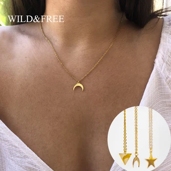 Wild&Free Aukso Metalo Trikampis Moon Star Pakabukas Karoliai Moterų, Mergaičių Trumpas Geometrinis Žavesio Karoliai ponios dovana