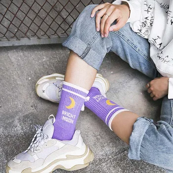 [WPLOIKJD]Cool Laišką Harajuku Juokingas Kojines Moterims, Šviesus Mėnulis Mados Japonijos Kojinės Moterims Medvilnės Hip-Hop Calcetines Mujer Sokken