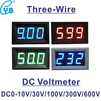 YB27 Trys Laidai LED Skaitmeninis voltmetras Voltmeter DC 0-10V 0-30 V 0-100V 0-300V 0-600V Įtampos Detektorius Volt Skydelis MeterTester