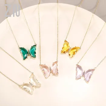 ZN 2020 Naujas Tamsintas Stiklas Crystal Butterfly Karoliai Moterų Skaidrus Blizgus Prom Papuošalai Prašmatnus Pakabukas Didmeninė Karoliai