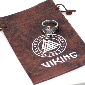 Šiaurės vikingų odin simbolis Varnas Rune Vegvisir Nerūdijančio plieno Žiedas Su Valknut Dovanų Maišelis