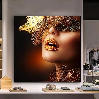 Šiaurės šalių Šiuolaikinės Gold Lūpų Mados Seksualių Moterų Tapybos Drobės, Pop Art Plakatai ir Spausdina Skandinavijos Sienos Nuotrauka už Kambarį