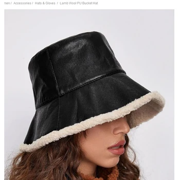 Žiemos Glabrous Hat, Black Pu Odos Žvejys Skrybėlę Derliaus Japonijos Ėriukų Vilnos Šiltą Kepurę Baseino Banga Kibiro Kepurę
