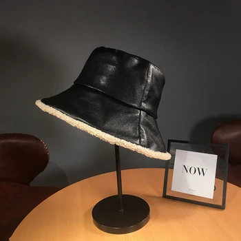 Žiemos Glabrous Hat, Black Pu Odos Žvejys Skrybėlę Derliaus Japonijos Ėriukų Vilnos Šiltą Kepurę Baseino Banga Kibiro Kepurę
